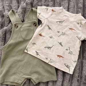 Dinosaur Print Tee and Olive Green Overalls Set